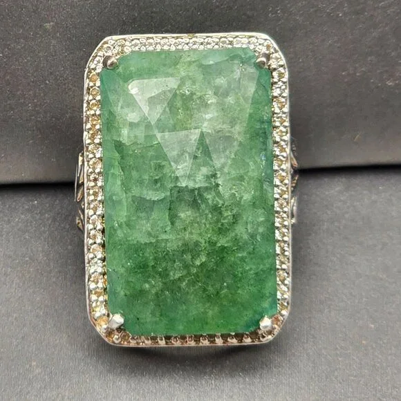 Sterling & Tourmaline Ring Size 6 Quartz Accents Ornate Cutouts 13.4g Signed QJ - Picture 2 of 14